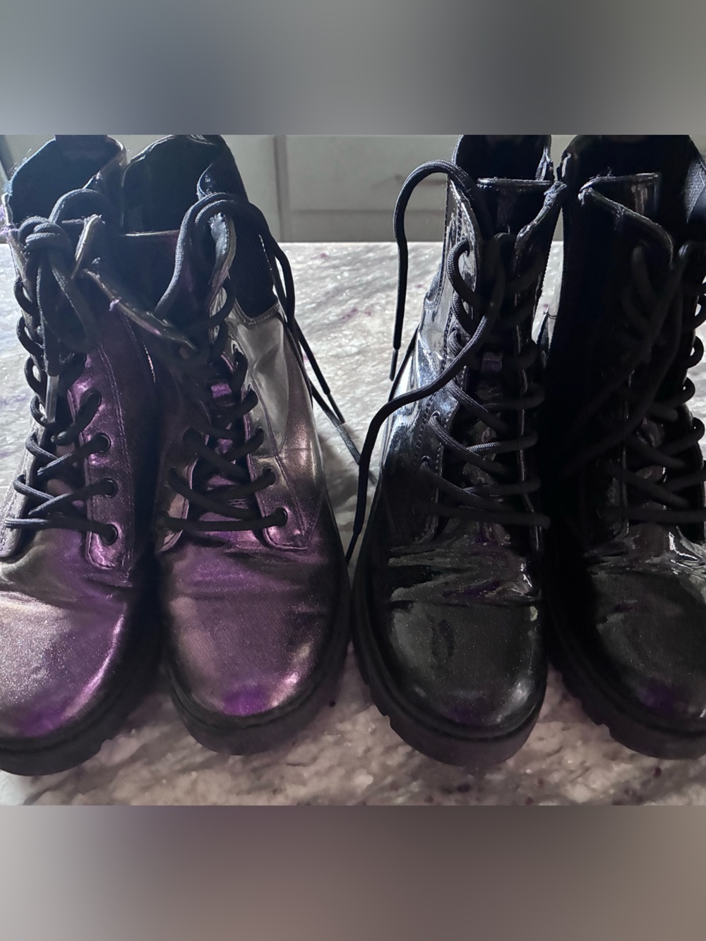 Art Class Kids Black Glitter and Purple Iridescent Lace-Up Combat Boots, bundle